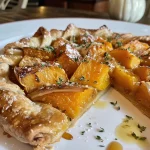 ['Close-up side view of a golden-brown Honeynut Squash Galette topped with goat cheese and herbs.', 'Juicy Honeynut Squash Galette with a flaky crust and visible slices of squash and cheese.', 'A deliciously baked Honeynut Squash Galette showcasing layers of squash and a sprinkle of fresh thyme.', 'Warm Honeynut Squash Galette featuring a crispy crust and creamy goat cheese, delicately arranged.']