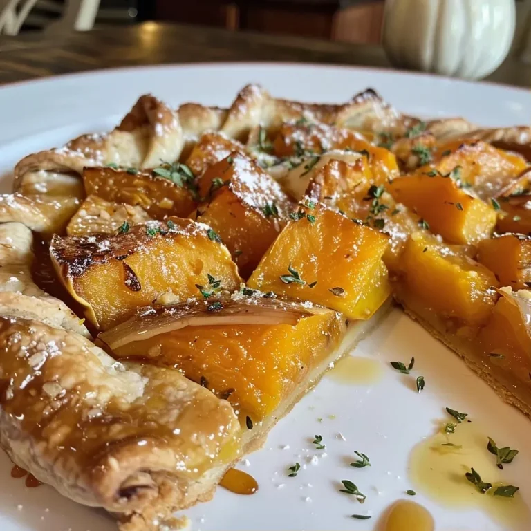 ['Close-up side view of a golden-brown Honeynut Squash Galette topped with goat cheese and herbs.', 'Juicy Honeynut Squash Galette with a flaky crust and visible slices of squash and cheese.', 'A deliciously baked Honeynut Squash Galette showcasing layers of squash and a sprinkle of fresh thyme.', 'Warm Honeynut Squash Galette featuring a crispy crust and creamy goat cheese, delicately arranged.']