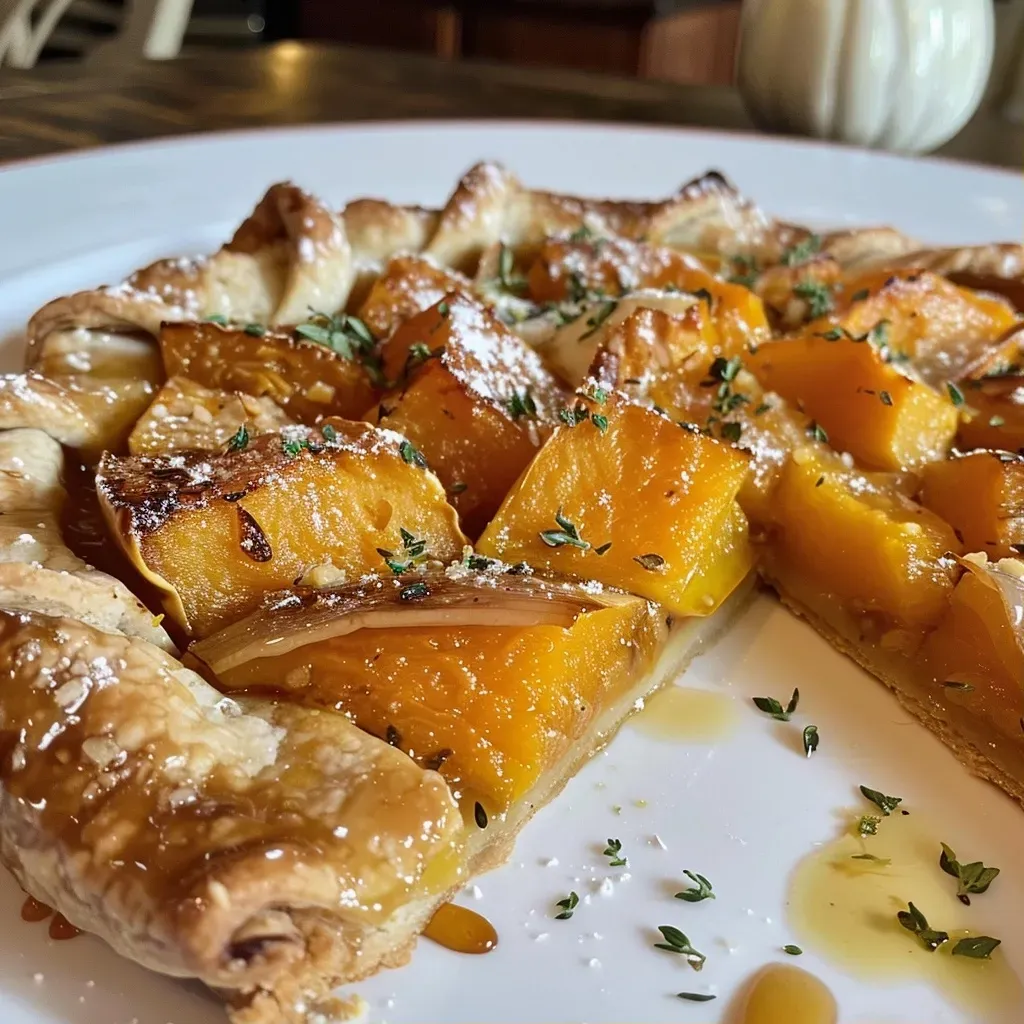 Close-up side view of a golden-brown Honeynut Squash Galette topped with goat cheese and herbs.
