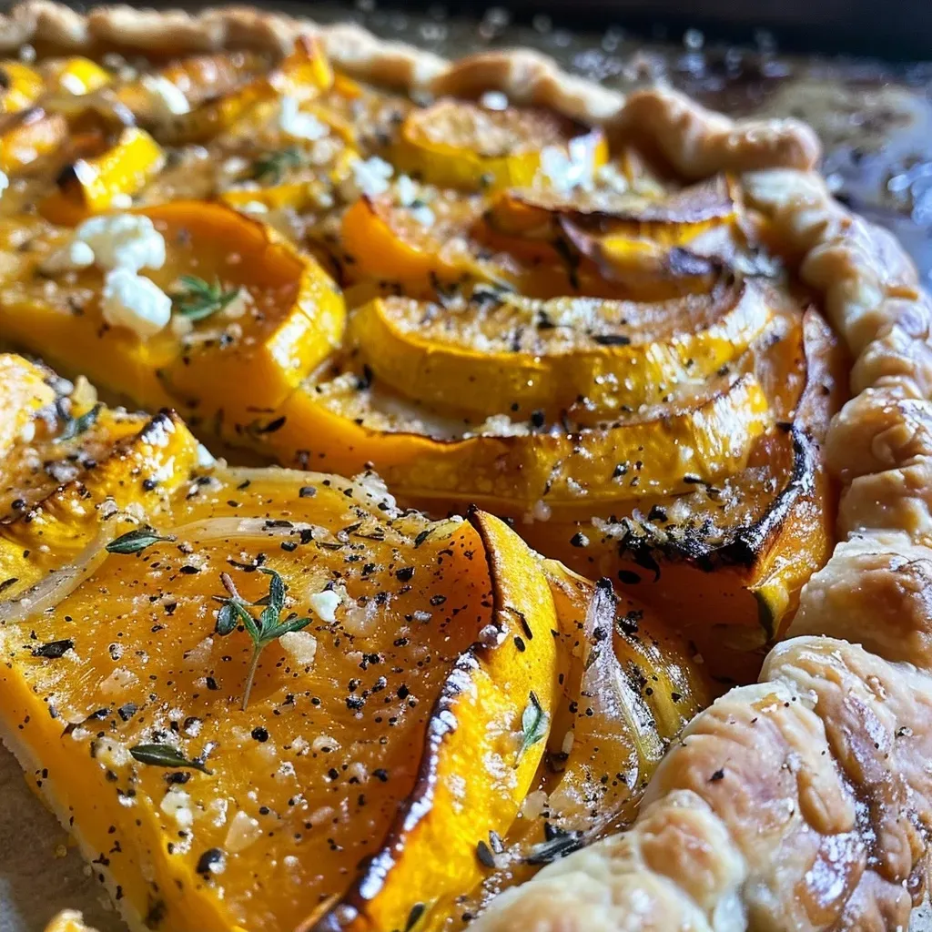 Close-up side view of a golden-brown Honeynut Squash Galette topped with goat cheese and herbs.