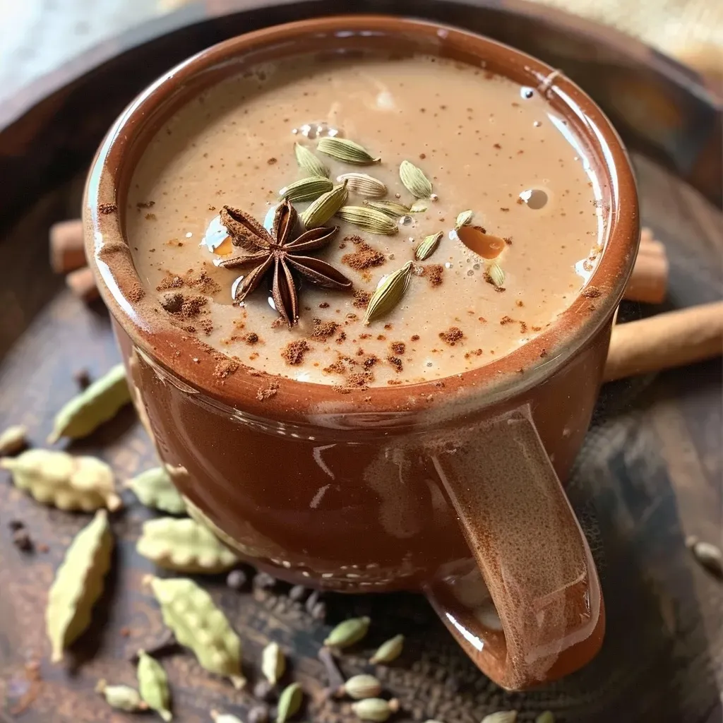 Close-up of a steaming mug of Masala Chai with spices and tea bags.