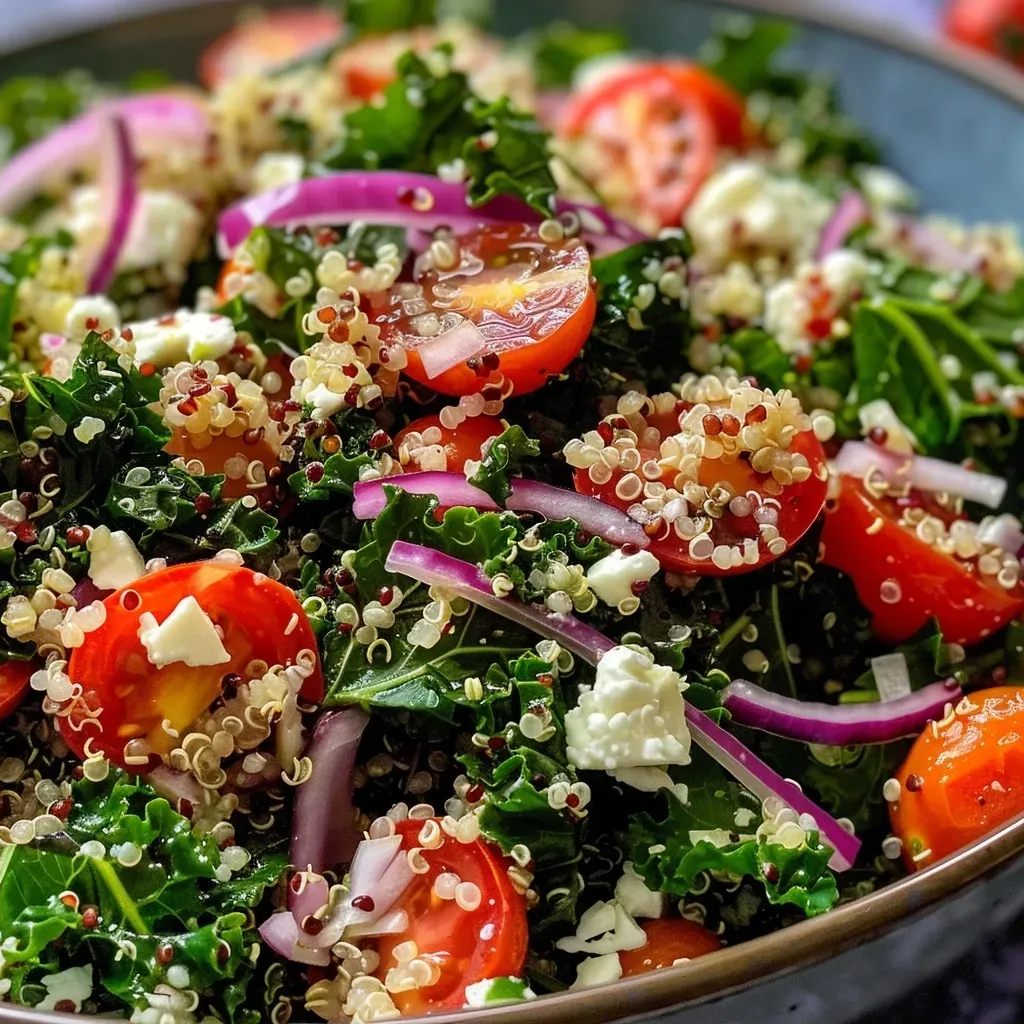 ['Close-up view of a vibrant kale and quinoa salad, showcasing fresh ingredients.', 'A side view of a colorful salad with chopped kale, quinoa, and cherry tomatoes.', 'Detailed shot of a kale and quinoa salad, highlighting the textures of the vegetables.', 'An appetizing close-up of a salad featuring kale, quinoa, and feta cheese.']