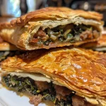 ['Close-up shot of a juicy kale and sausage hand pie with golden crust.', 'Side view of a freshly baked hand pie filled with kale and sausage filling.', 'Delicious hand pie with a flaky crust, showcasing kale and sausage ingredients.', 'Tantalizing image of a hand pie filled with vibrant kale and savory sausage.']
