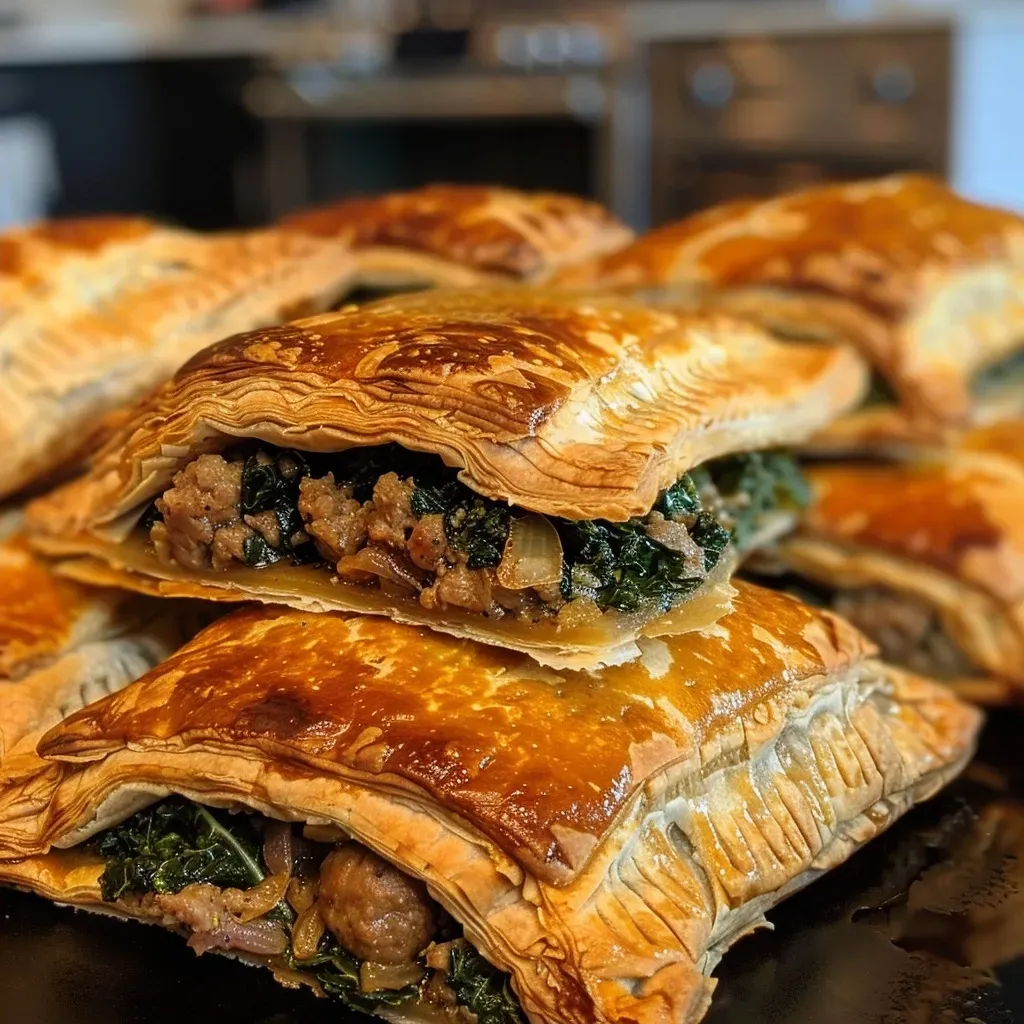 Close-up shot of a juicy kale and sausage hand pie with golden crust.