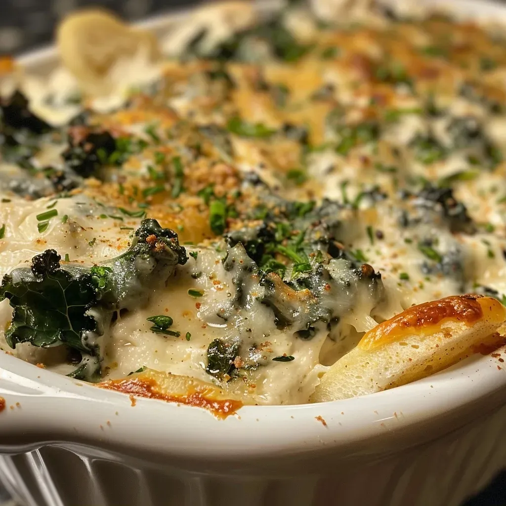 Close-up view of creamy kale dip in a bowl, garnished with grated cheese.