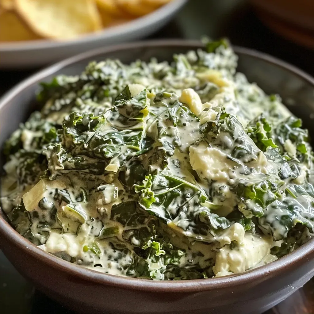 Close-up view of creamy kale dip in a bowl, garnished with grated cheese.