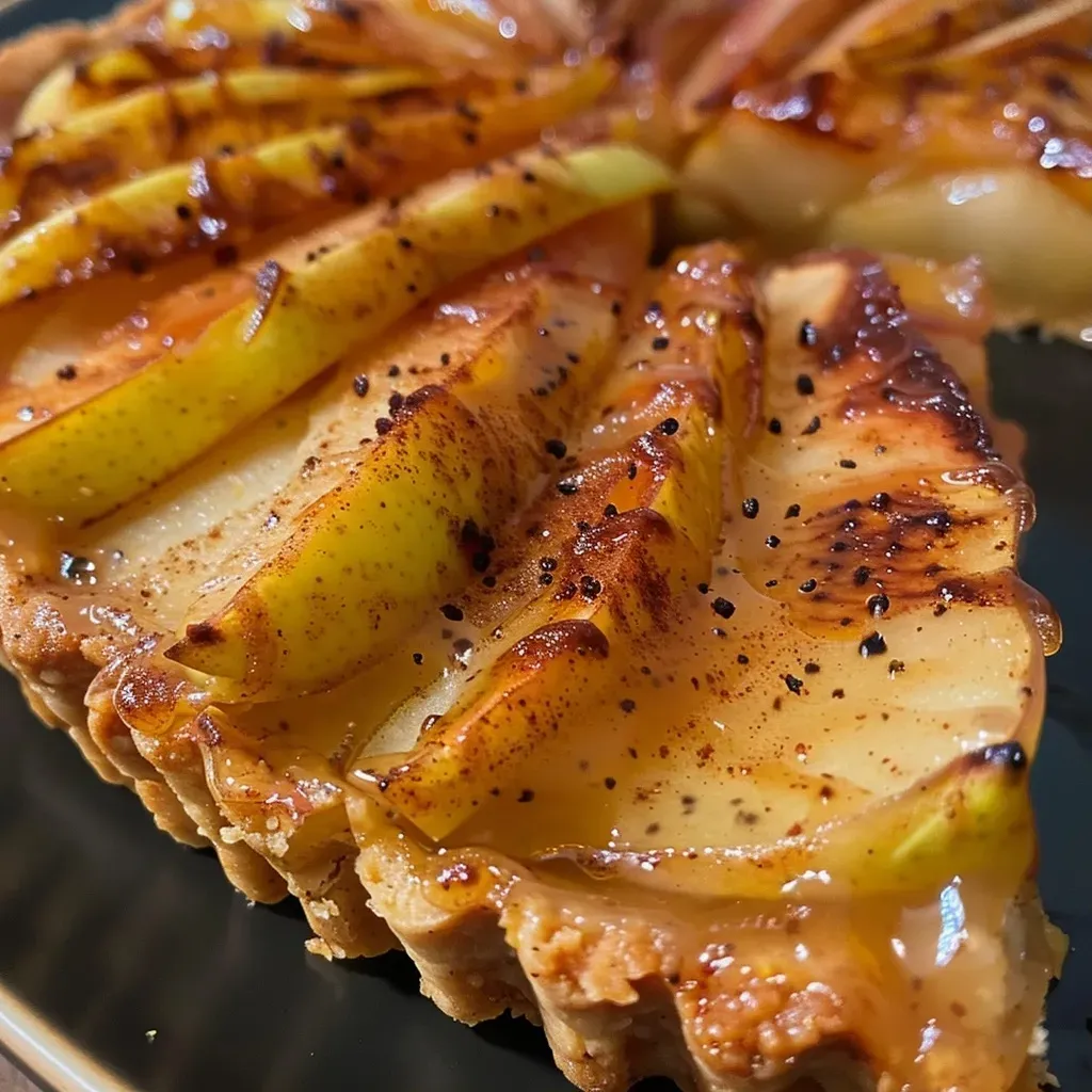 A close-up side view of a Maple Apple and Pear Tart, showcasing its golden crust and fruit filling.