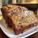 ['Close-up view of a slice of Maple-Bourbon Banana Bread, showcasing its moist texture and toffee chunks.', 'Side view close-up of Maple-Bourbon Banana Bread, highlighting the golden crust and banana filling.', 'Detailed shot of Maple-Bourbon Banana Bread, displaying its rich color and delicious ingredients like nuts and chocolate.', 'Side close-up of a slice of Maple-Bourbon Banana Bread, emphasizing the glistening topping and fluffy interior.']
