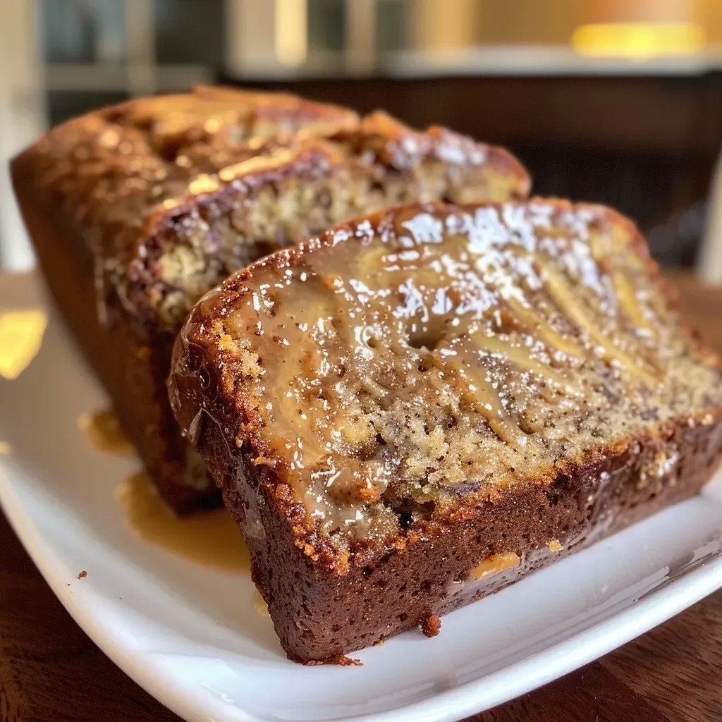 Close-up view of a slice of Maple-Bourbon Banana Bread, showcasing its moist texture and toffee chunks.
