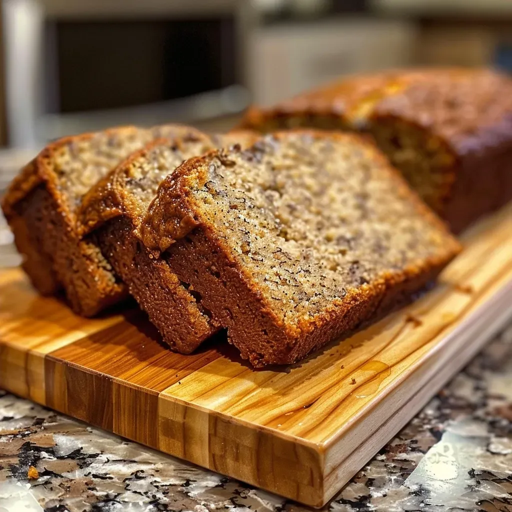 Close-up side view of a slice of Maple Bourbon Banana Bread with toffee chunks.