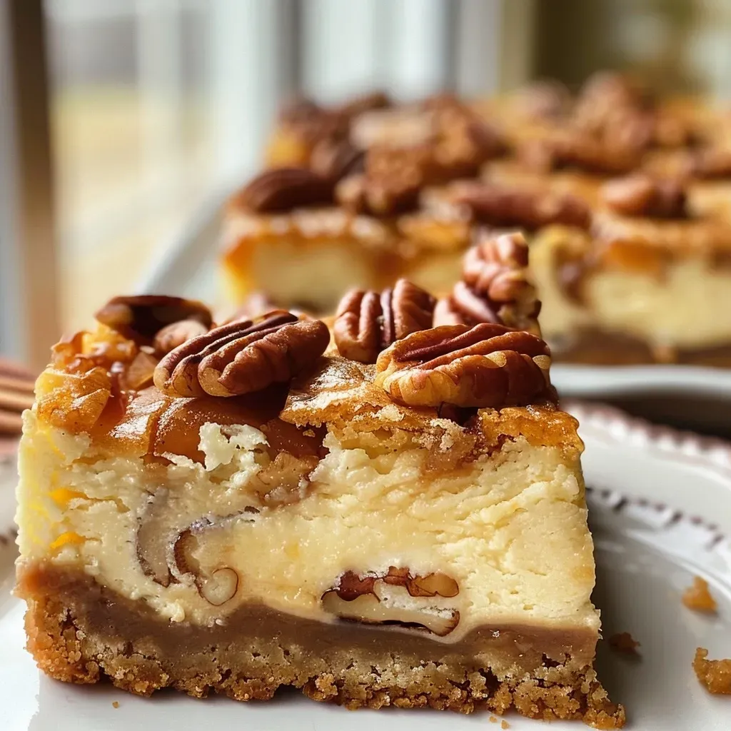 Side view of Maple Cheesecake Bars drizzled with maple bourbon syrup on a white plate.