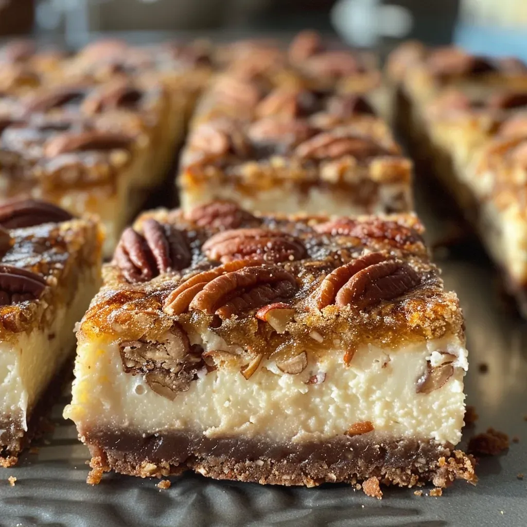 Side view of Maple Cheesecake Bars drizzled with maple bourbon syrup on a white plate.