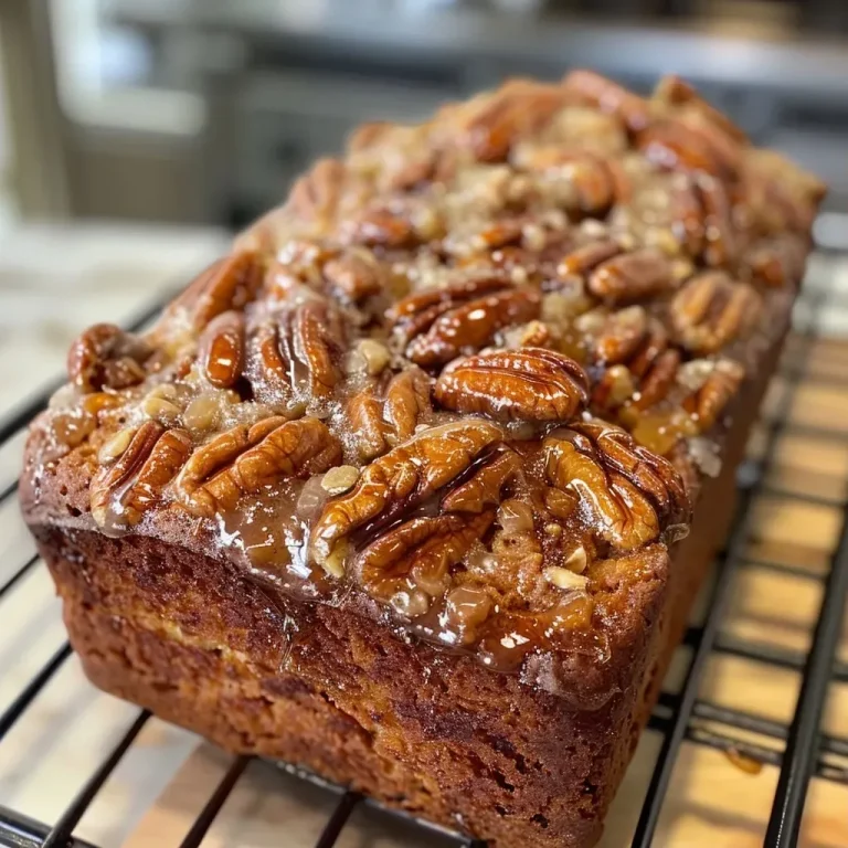 ['A close-up side view of Maple Cinnamon Candied Pecan Bread showing its texture and pecan topping.', 'Juicy Maple Cinnamon Candied Pecan Bread displayed from the side, highlighting the shiny candied pecans.', 'Side view of freshly baked Maple Cinnamon Candied Pecan Bread with visible layers and glistening pecans.', 'An appetizing side shot of Maple Cinnamon Candied Pecan Bread emphasizing its golden crust and pecan topping.']