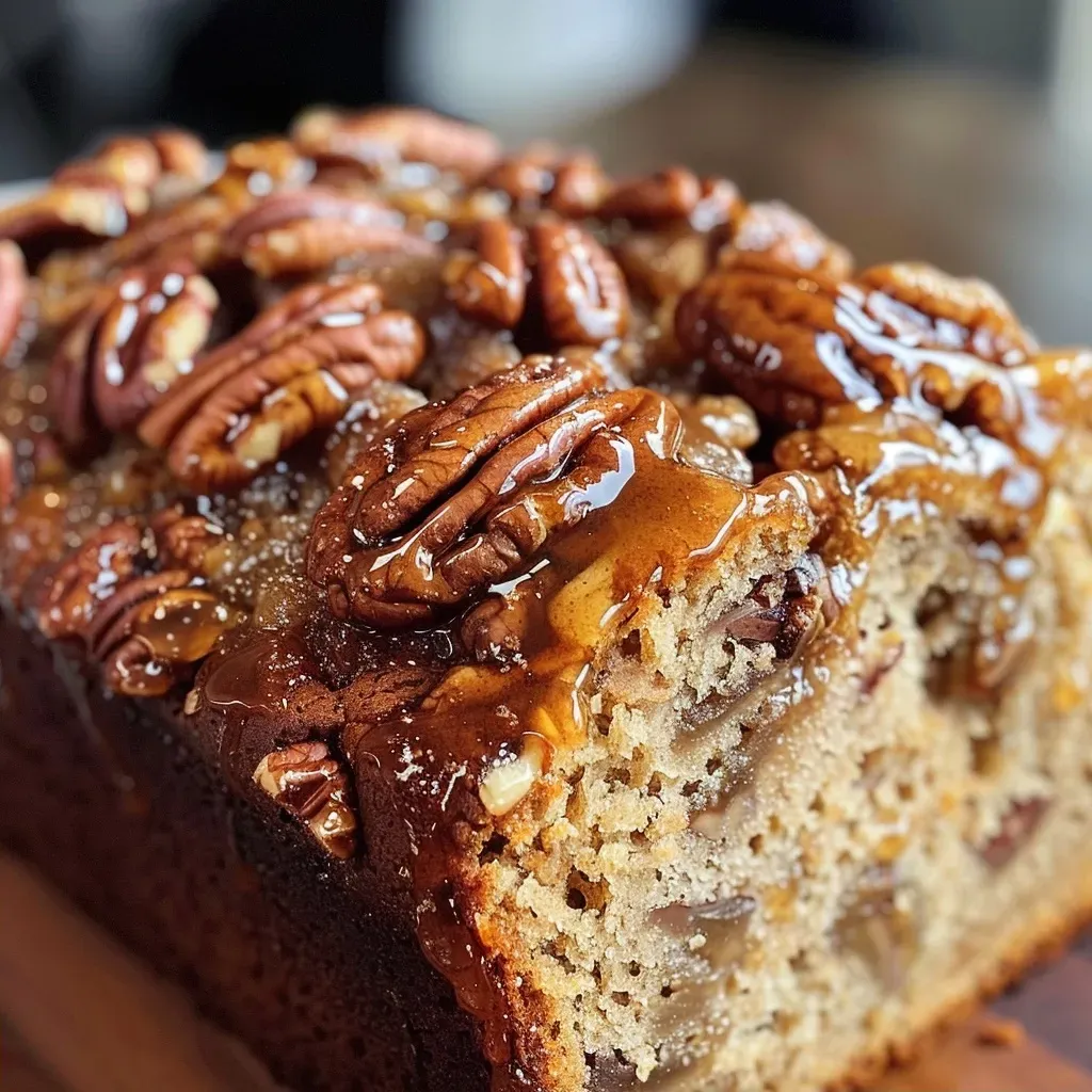 ['A close-up side view of Maple Cinnamon Candied Pecan Bread showing its texture and pecan topping.', 'Juicy Maple Cinnamon Candied Pecan Bread displayed from the side, highlighting the shiny candied pecans.', 'Side view of freshly baked Maple Cinnamon Candied Pecan Bread with visible layers and glistening pecans.', 'An appetizing side shot of Maple Cinnamon Candied Pecan Bread emphasizing its golden crust and pecan topping.']