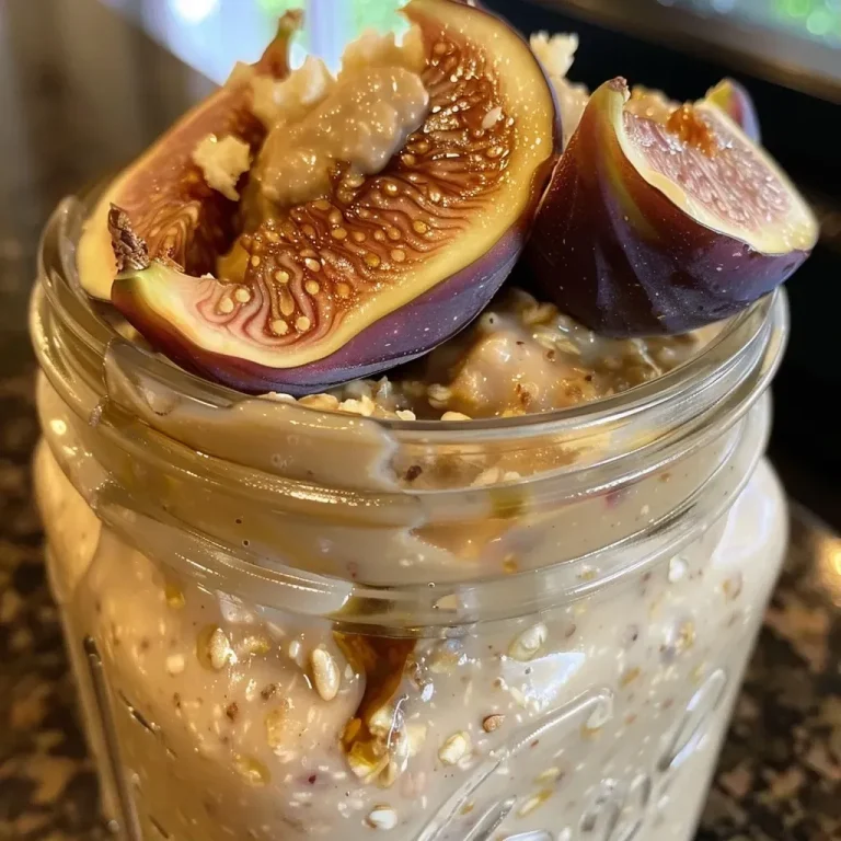 ['Close-up of a mason jar filled with creamy overnight oats, topped with figs and a drizzle of tahini.', 'Side view of Maple Fig Tahini Overnight Oats in a jar, showcasing the layers of oats and fresh fruit.', 'A delicious serving of overnight oats with chopped figs and tahini, captured in natural light.', 'Mason jar filled with Maple Fig Tahini Overnight Oats, garnished with additional figs and tahini.']