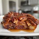 ['Close-up view of golden brown maple pecan sticky buns with gooey caramel drizzle.', 'Side angle of freshly baked sticky buns topped with pecans and maple syrup.', 'Juicy maple pecan sticky buns glistening with a sweet glaze and sprinkled with nuts.', 'Deliciously sticky buns with a rich maple topping and pecans, displayed on a rustic plate.']
