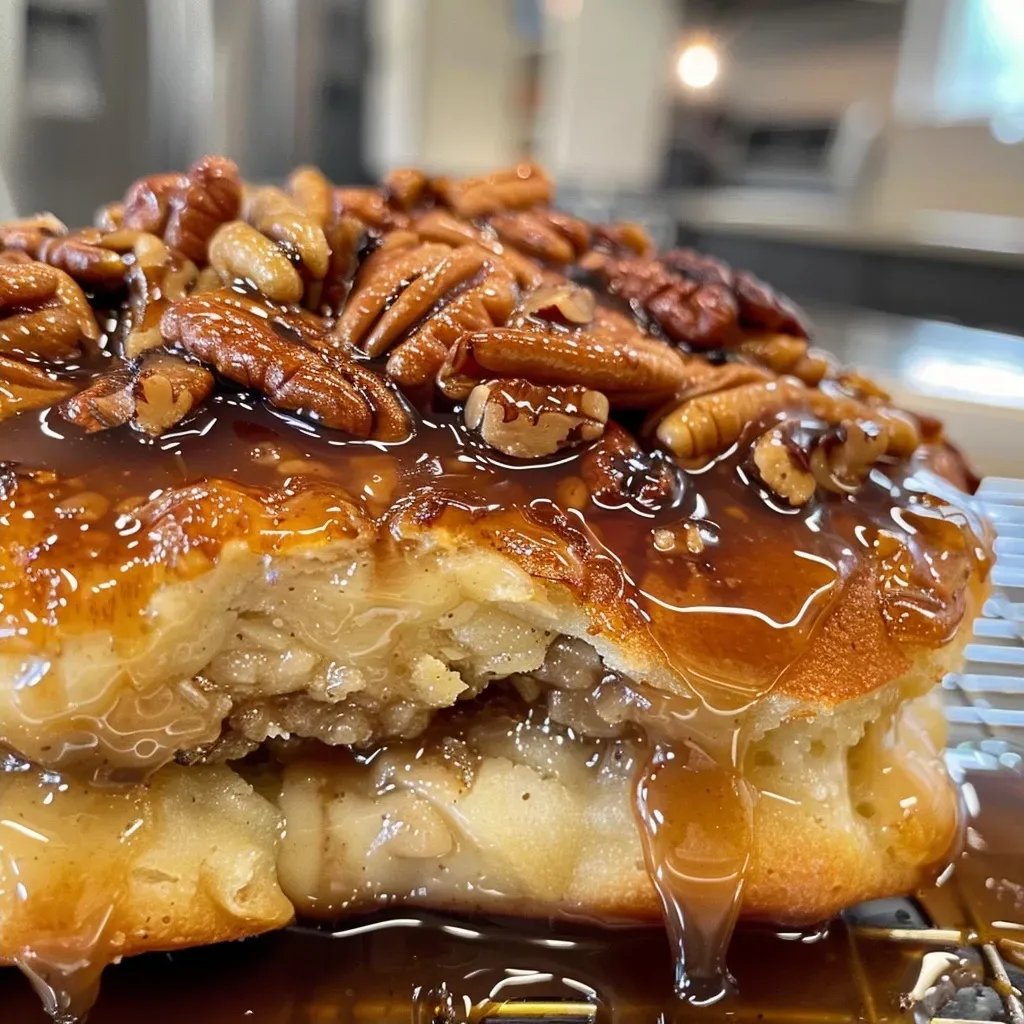 Close-up view of golden brown maple pecan sticky buns with gooey caramel drizzle.