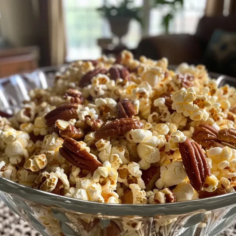 ['Close-up shot of Maple Popcorn Crunch showing popcorn, pecans, and syrup.', 'Side view of Maple Popcorn Crunch with golden syrup coating and nuts.', 'Detailed view of popcorn mixed with chopped pecans and a drizzle of maple syrup.', 'Textured image of Maple Popcorn Crunch highlighting its crunchy and sweet elements.']