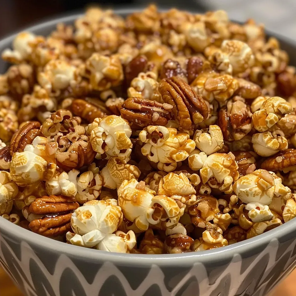 ['Close-up shot of Maple Popcorn Crunch showing popcorn, pecans, and syrup.', 'Side view of Maple Popcorn Crunch with golden syrup coating and nuts.', 'Detailed view of popcorn mixed with chopped pecans and a drizzle of maple syrup.', 'Textured image of Maple Popcorn Crunch highlighting its crunchy and sweet elements.']