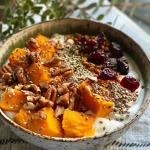 ['Close-up view of a creamy yogurt bowl topped with roasted butternut squash, nuts, and dried cranberries.', 'A healthy yogurt bowl featuring maple roasted butternut squash, sprinkled with seeds and nuts.', 'Side view of a vibrant yogurt bowl filled with butternut squash, cinnamon, and colorful toppings.', 'A delicious yogurt bowl showcasing golden roasted butternut squash and a mix of crunchy nuts and seeds.']