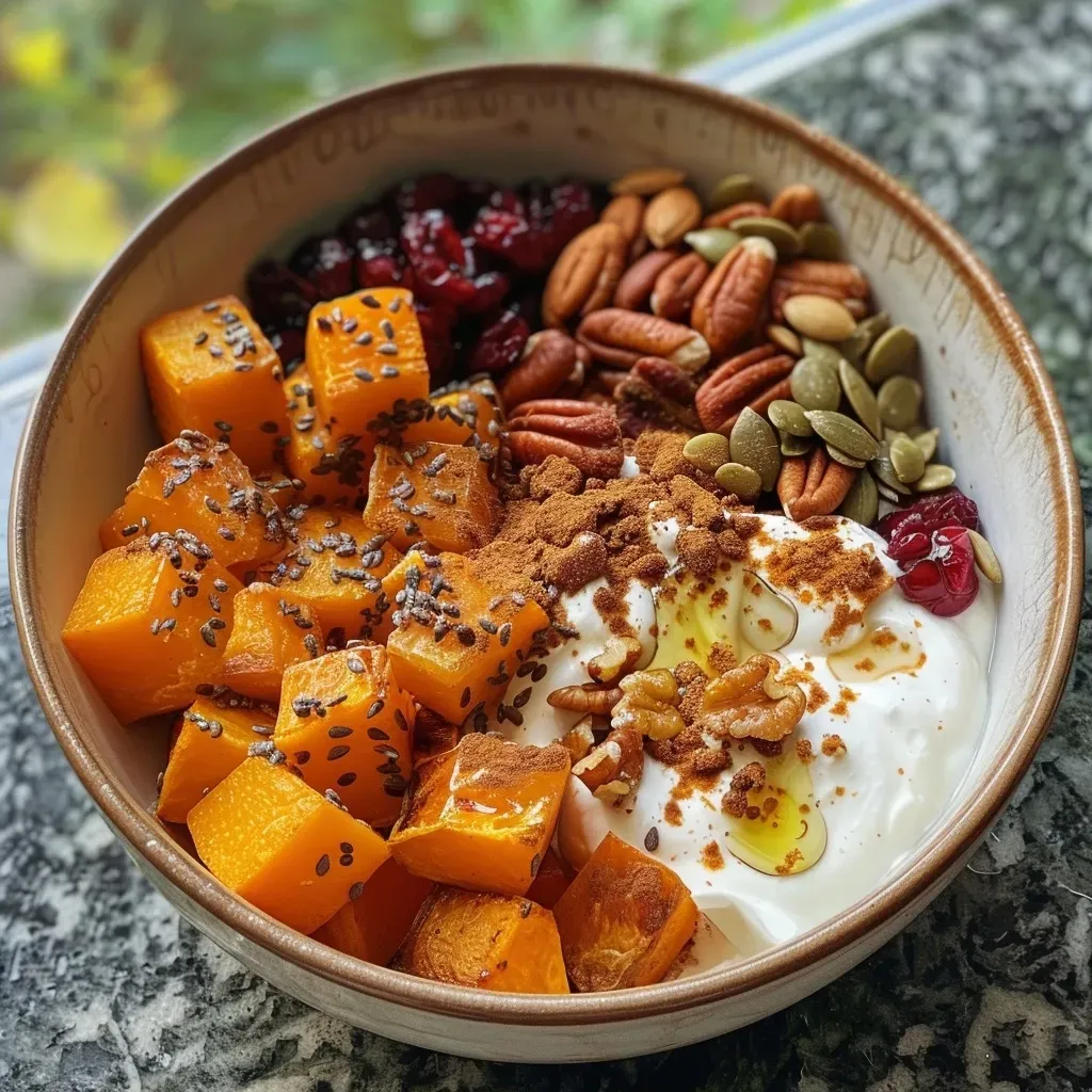 Close-up view of a creamy yogurt bowl topped with roasted butternut squash, nuts, and dried cranberries.