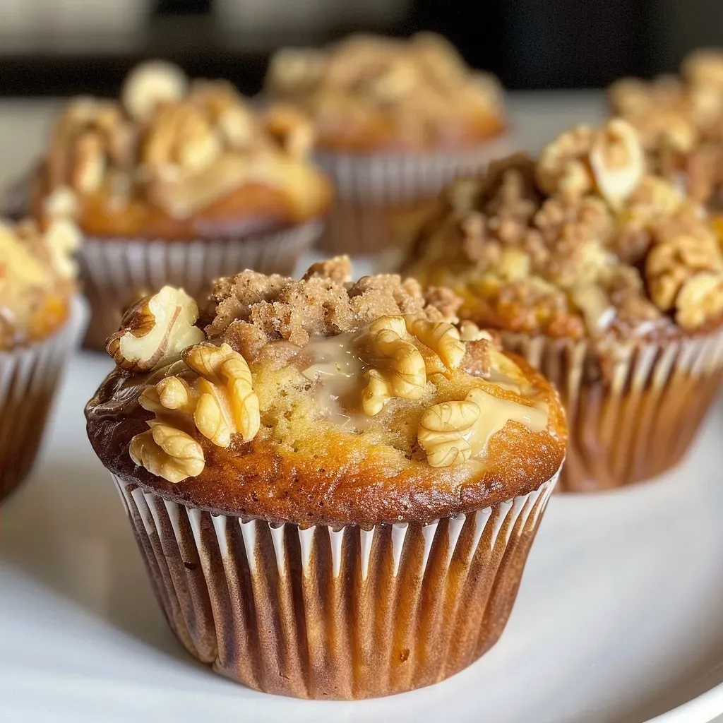 ['Close-up side view of freshly baked maple walnut muffins with a golden-brown top.', 'Succulent maple walnut muffins showing a crunchy streusel topping and toasted walnuts.', 'Delicious maple walnut muffins with a textured surface and rich maple glaze drizzled on top.', 'Tasty, warm muffins packed with walnuts and a hint of maple syrup, highlighting their inviting look.']