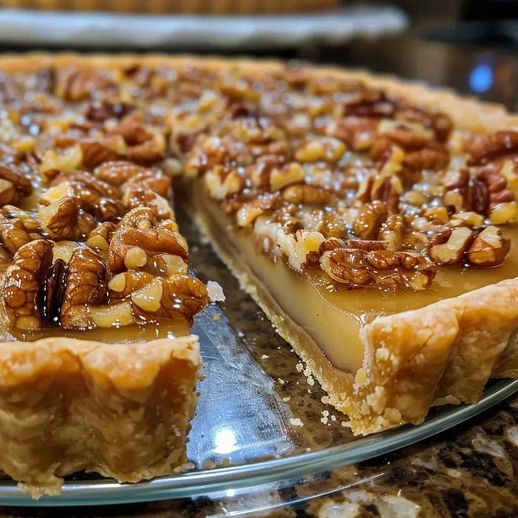 A close-up side view of a delicious maple walnut tart, showcasing its golden crust and walnut topping.