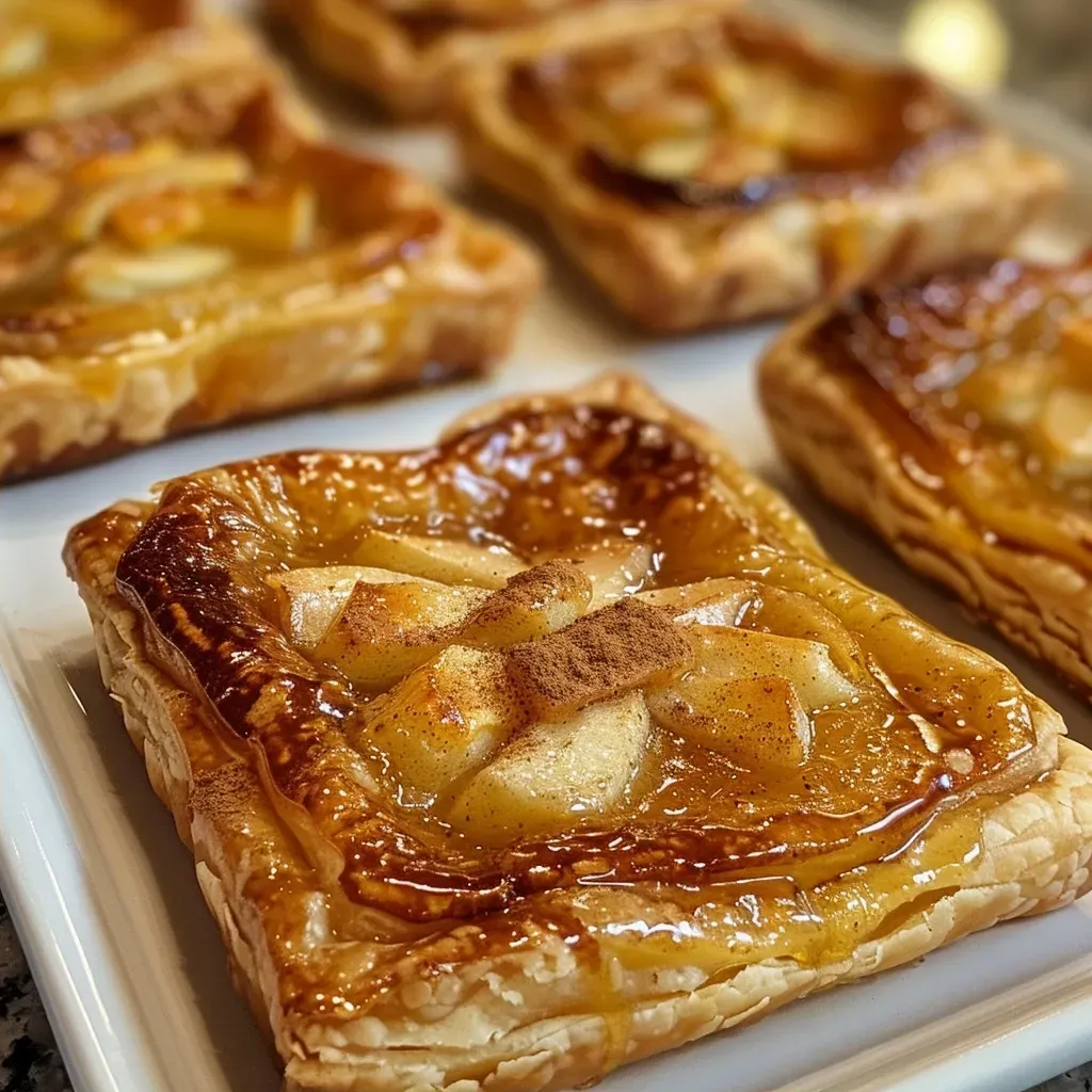 Close-up view of mini cinnamon apple tarts with golden puff pastry and cinnamon-dusted apple slices.