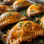 ['A close-up view of Moroccan spiced empanadas filled with squash, feta, and pine nuts.', 'Juicy Moroccan empanadas showcasing a golden crust and rich filling of squash and feta.', 'Side view of Moroccan spiced empanadas with a flaky exterior and visible chunks of squash and raisins.', 'Delicious Moroccan empanadas garnished with pine nuts, presenting a vibrant filling of squash and spices.']
