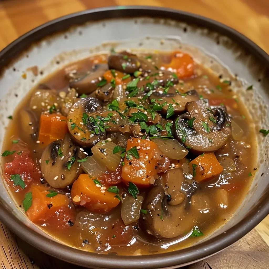Close-up view of a steaming bowl of mushroom stew with vibrant vegetables.