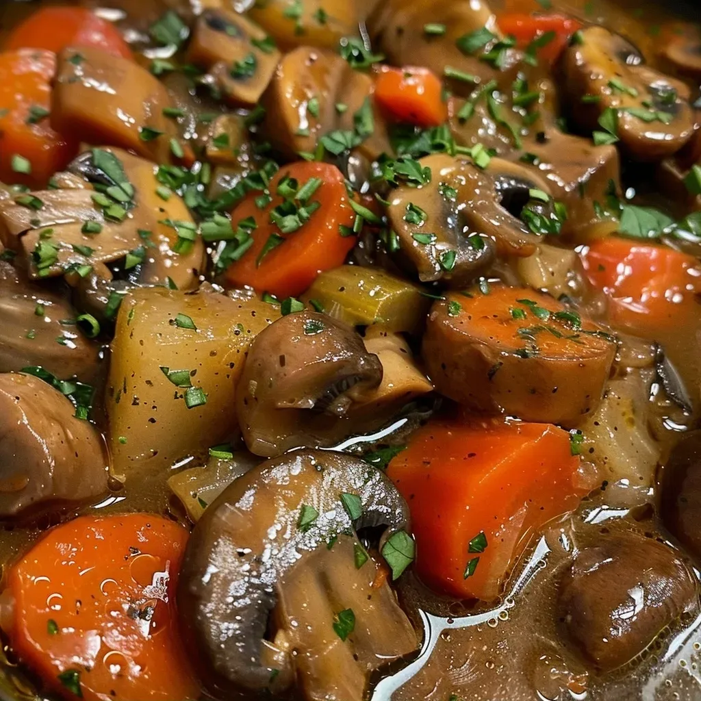 Close-up view of a steaming bowl of mushroom stew with vibrant vegetables.