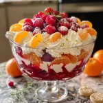 ['Close-up view of a No-Bake Mandarin Orange Cranberry Trifle in a glass dish, showcasing vibrant layers of fruit and cream.', 'Side view of a colorful No-Bake Trifle with layers of mandarins, raspberries, and cream, garnished with fresh rosemary.', 'Juicy No-Bake Mandarin Orange Cranberry Trifle in a clear glass, revealing its creamy texture and vibrant fruit layers.', 'Close-up of a dessert bowl filled with a No-Bake Trifle, featuring bright fruit layers and a creamy topping.']
