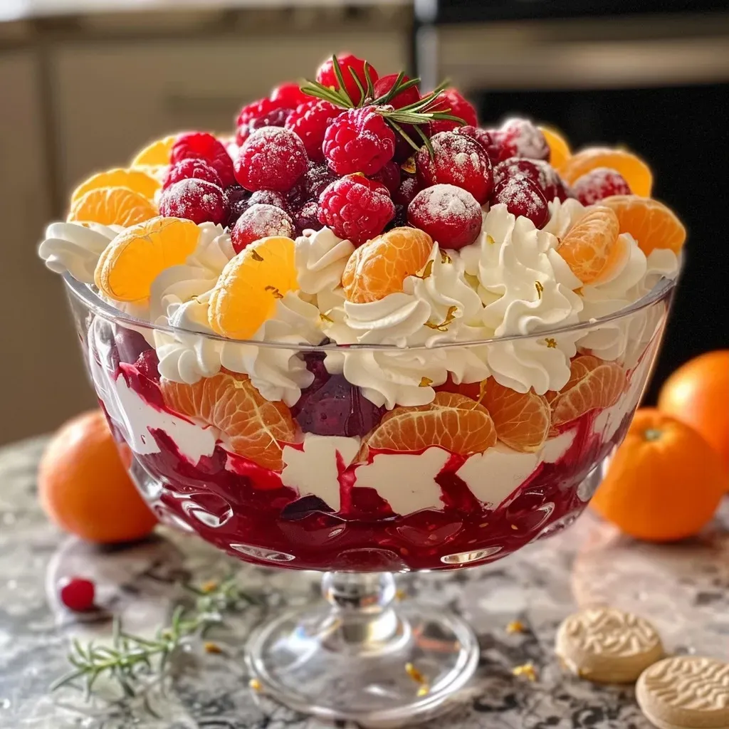 Close-up view of a No-Bake Mandarin Orange Cranberry Trifle in a glass dish, showcasing vibrant layers of fruit and cream.