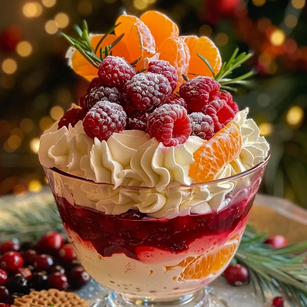 Close-up view of a No-Bake Mandarin Orange Cranberry Trifle in a glass dish, showcasing vibrant layers of fruit and cream.