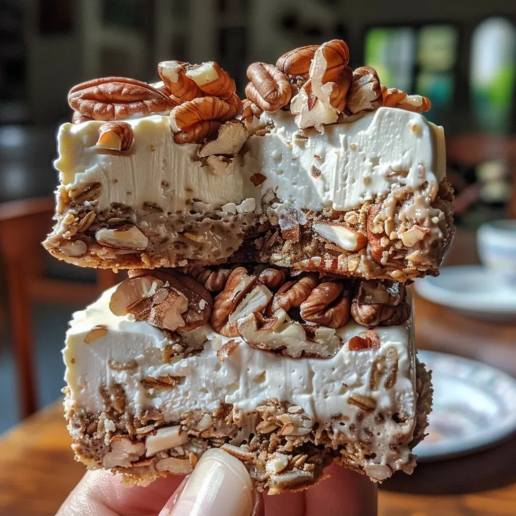 Close-up side view of a No-Bake Maple Pecan Protein Cheesecake with a creamy texture and pecan topping.