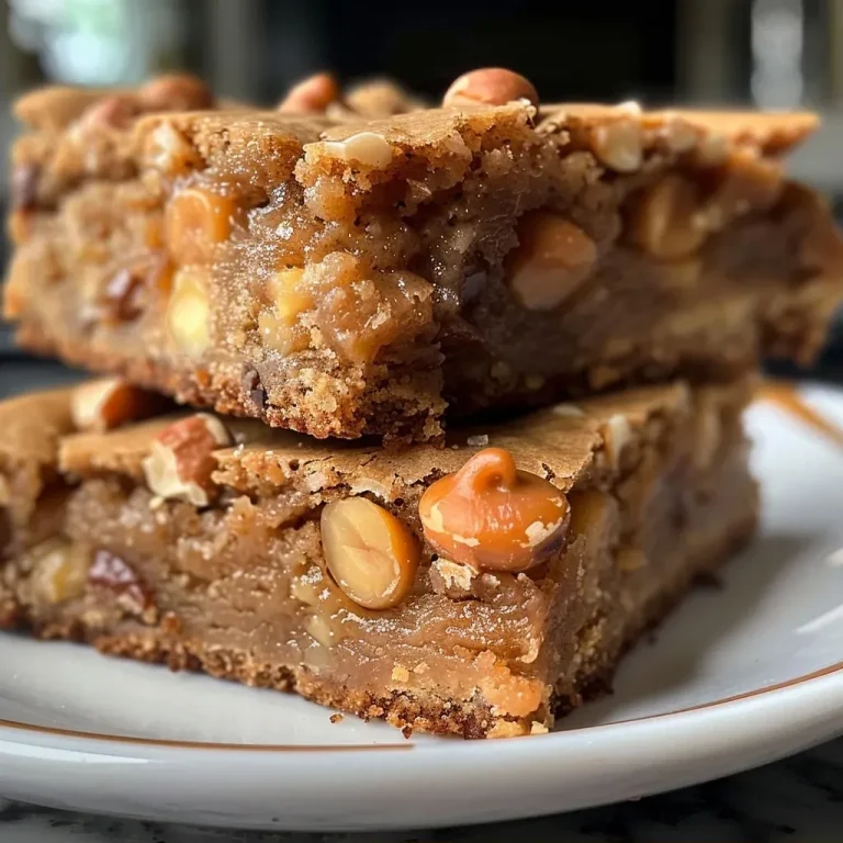 ['Close-up view of golden-brown Nutty Butterscotch Blondies with chopped nuts on a wooden surface.', 'Side view of delectable Nutty Butterscotch Blondies, showcasing their chewy texture and nutty topping.', 'Glazed Nutty Butterscotch Blondies highlighted against a simple background, emphasizing their rich color and texture.', 'Freshly baked Nutty Butterscotch Blondies with visible butterscotch chips and nuts, captured in natural light.']