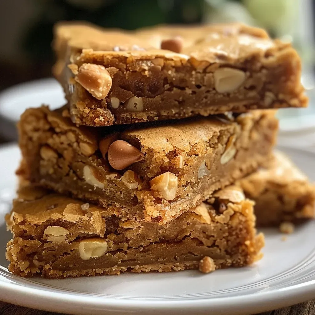 Close-up view of golden-brown Nutty Butterscotch Blondies with chopped nuts on a wooden surface.