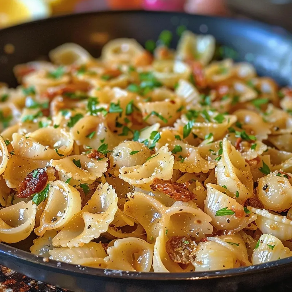Close-up of One Pan Caramelized Onion Pasta garnished with fresh herbs.