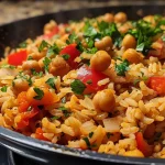 ['Close-up of a bowl of One-Pot Spanish Chickpea Rice with vibrant colors and texture.', 'A delicious serving of Spanish Chickpea Rice, highlighting the ingredients and spices.', 'Side view of a creamy rice dish with chickpeas, paprika, and fresh parsley garnish.', 'Juicy One-Pot Spanish Chickpea Rice in a bowl, showcasing its colorful ingredients.']