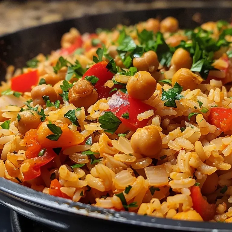 ['Close-up of a bowl of One-Pot Spanish Chickpea Rice with vibrant colors and texture.', 'A delicious serving of Spanish Chickpea Rice, highlighting the ingredients and spices.', 'Side view of a creamy rice dish with chickpeas, paprika, and fresh parsley garnish.', 'Juicy One-Pot Spanish Chickpea Rice in a bowl, showcasing its colorful ingredients.']