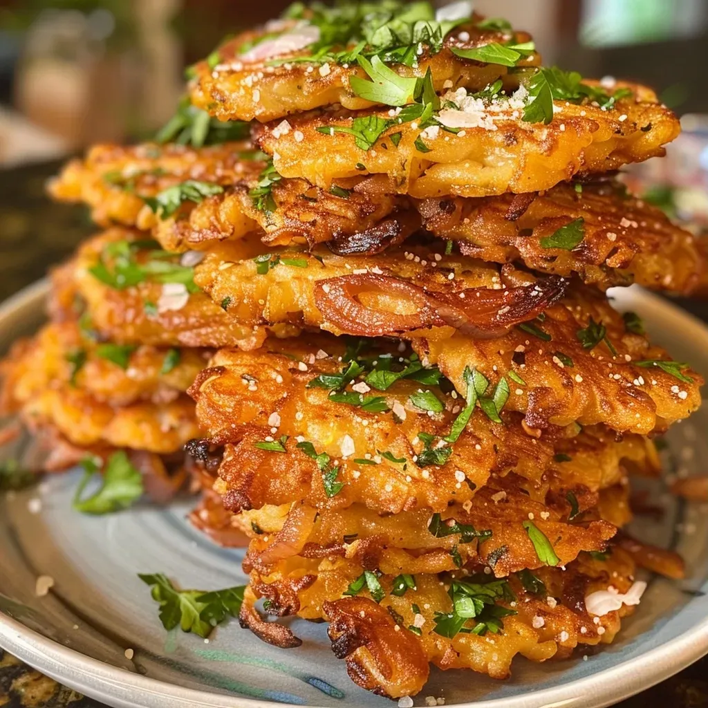 Close-up view of crispy onion fritters with a golden-brown exterior.