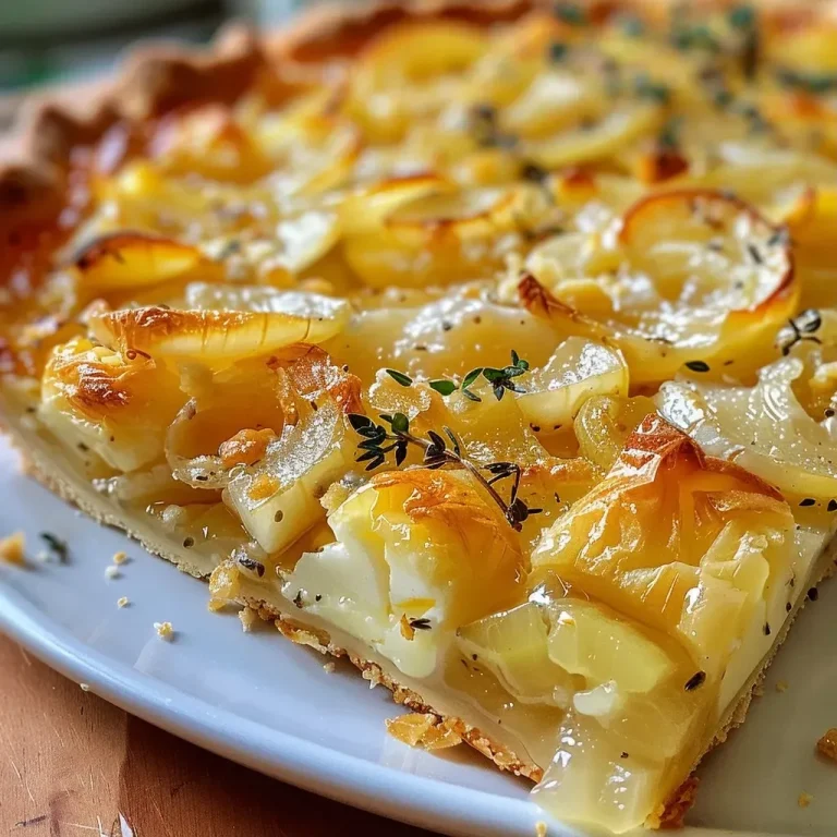 ['Close-up view of a golden, flaky onion tart topped with goat cheese and drizzled with honey.', 'Side view of a savory onion goat cheese tart with visible herbs and a glossy honey glaze.', 'Deliciously baked onion and goat cheese tart, showcasing a crispy crust and caramelized onions.', 'A slice of onion tart featuring goat cheese and thyme, garnished with honey and nuts.']