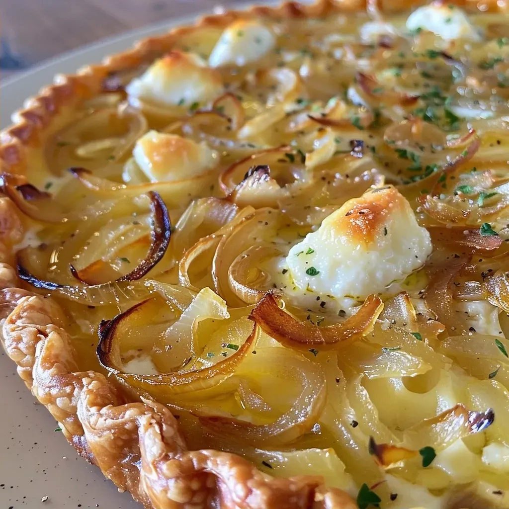 Close-up view of a golden, flaky onion tart topped with goat cheese and drizzled with honey.