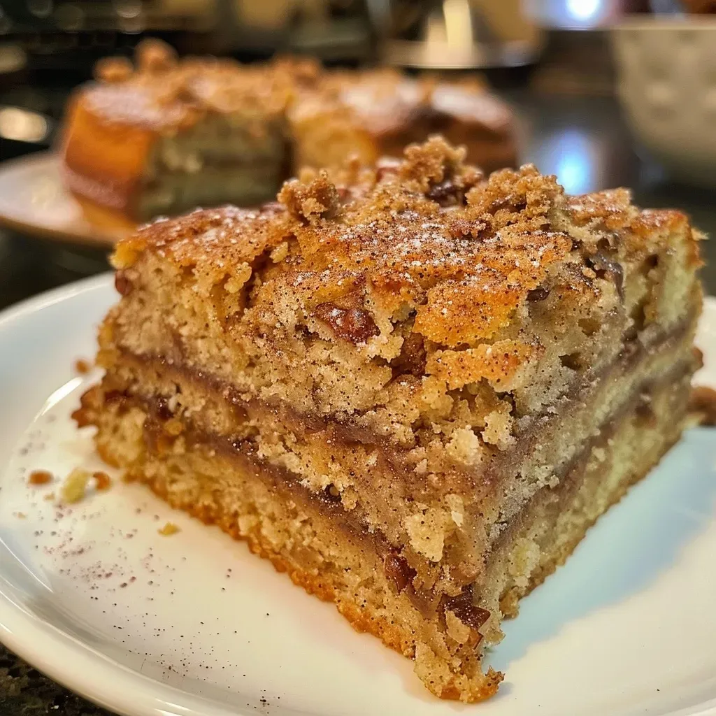 Close-up view of a slice of Paleo Cinnamon Coffee Cake on a plate.