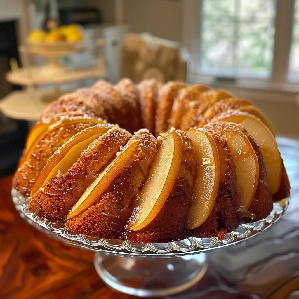 Close-up side view of a sliced Pear Bundt Cake with visible diced pears and a moist texture.