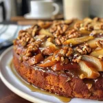 ['A close-up side view of a moist pear cake topped with brown sugar icing and sprinkled with chopped walnuts.', 'A detailed side view of a pear cake featuring a glossy brown sugar icing and chunks of fresh pears visible.', 'A slice of pear cake showcasing its textured layers, brown sugar icing, and rich walnut pieces on top.', 'A vibrant side view of a pear cake with a creamy brown sugar glaze, garnished with toasted walnuts.']