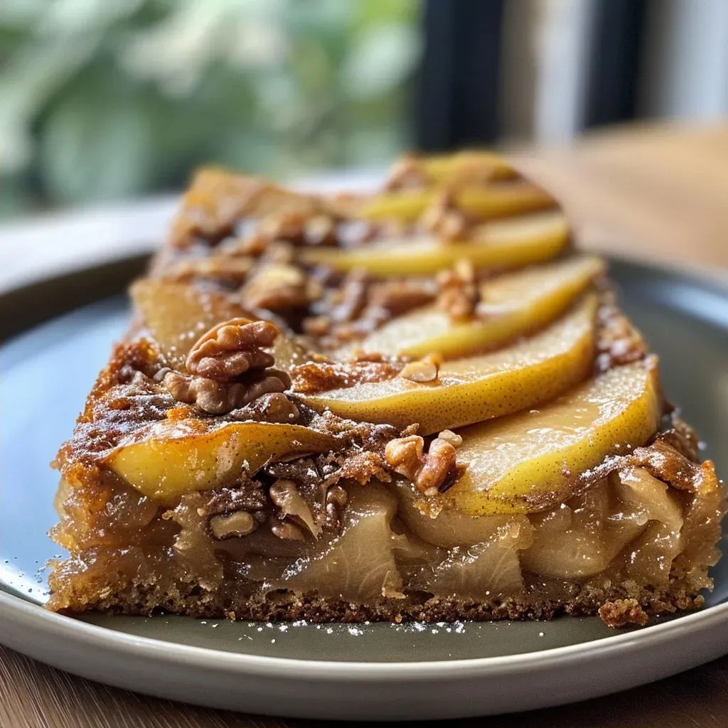 A close-up side view of a moist pear cake topped with brown sugar icing and sprinkled with chopped walnuts.