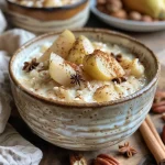 ['Close-up of creamy pear rice pudding topped with candied pecans.', 'Side view of a bowl of rice pudding with sliced pears and maple drizzle.', 'Juicy pear rice pudding in a dish garnished with pecans and syrup.', 'Delicious pear rice pudding with a sprinkle of candied nuts and a side of syrup.']