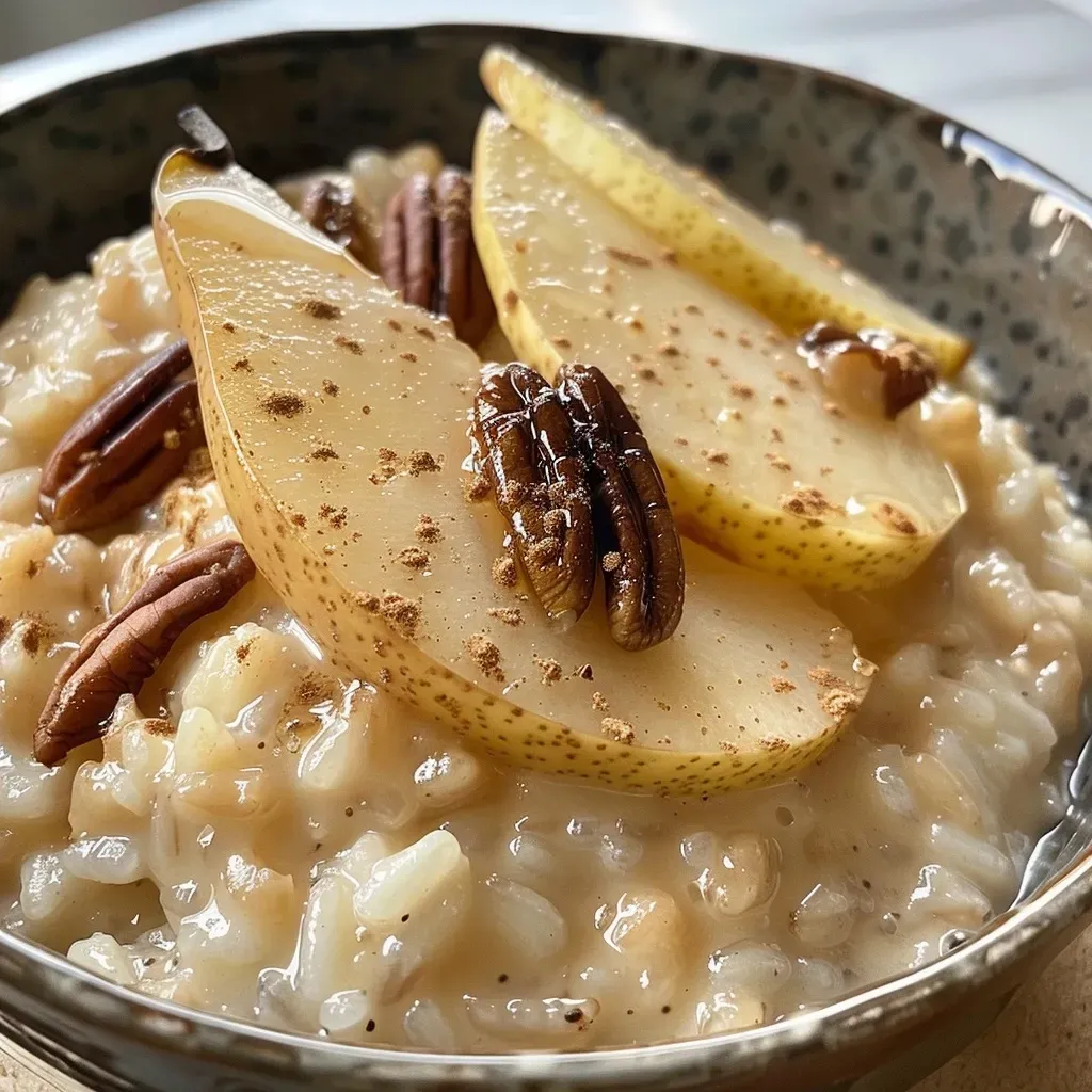 ['Close-up of creamy pear rice pudding topped with candied pecans.', 'Side view of a bowl of rice pudding with sliced pears and maple drizzle.', 'Juicy pear rice pudding in a dish garnished with pecans and syrup.', 'Delicious pear rice pudding with a sprinkle of candied nuts and a side of syrup.']
