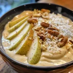 ['Close-up view of a pear smoothie bowl topped with coconut and pecans.', 'Side view of a creamy pear smoothie bowl with fresh fruit and nuts.', 'Vibrant pear smoothie bowl showcasing bright toppings and a smooth texture.', 'Delicious pear smoothie bowl in a rustic setting, garnished with coconut flakes.']